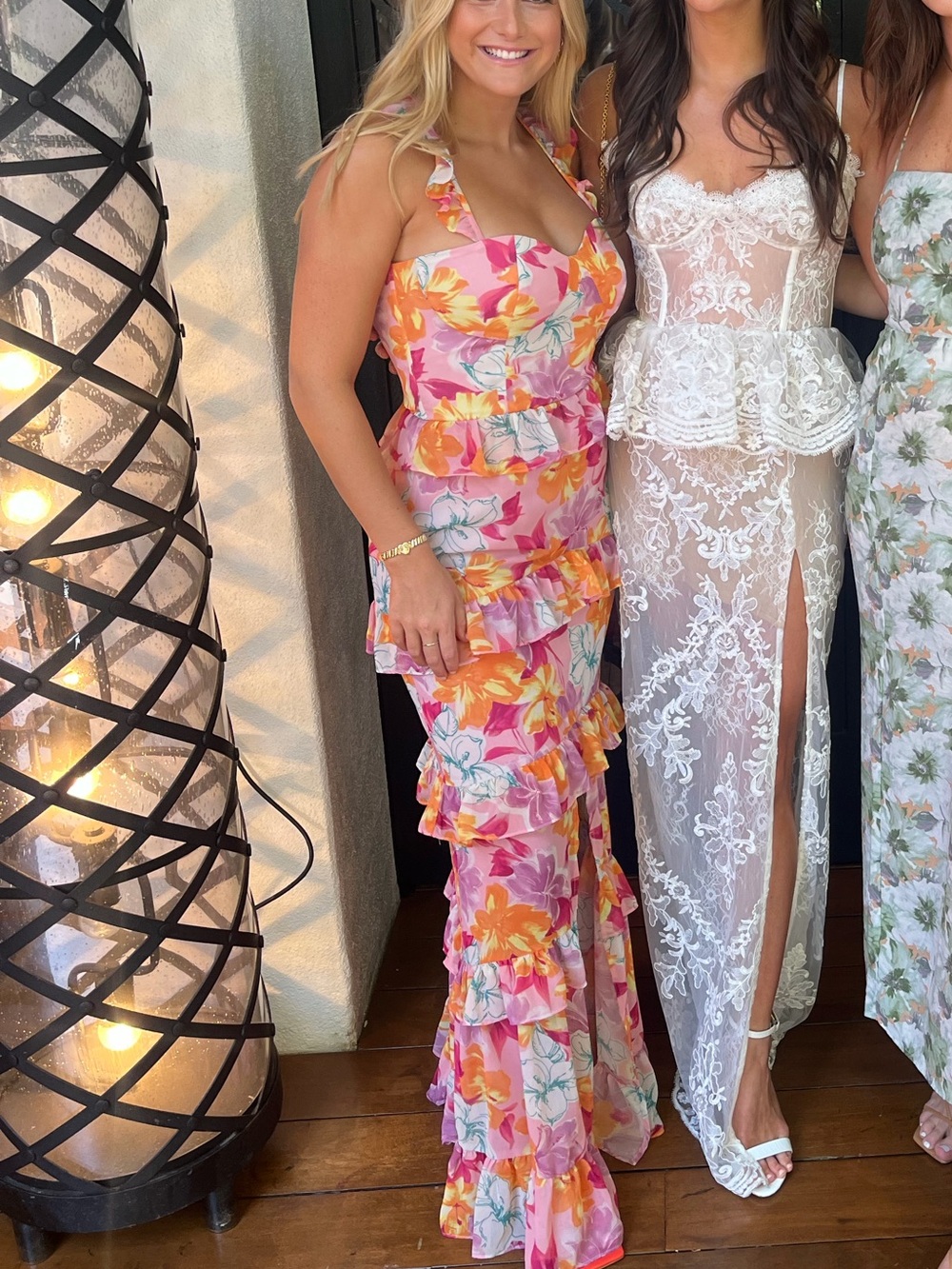Wayf Pink and Orange Floral Ruffle Maxi Dress